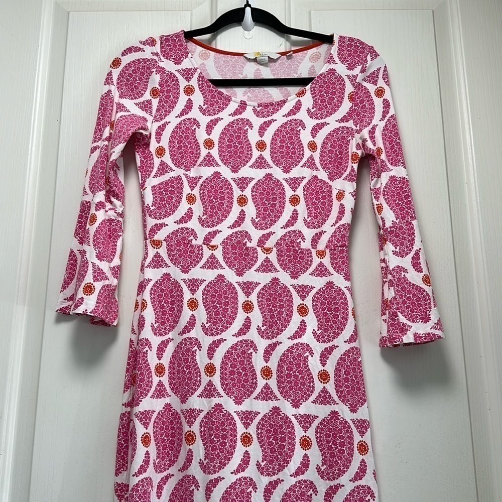 BODEN Miriam Pink Paisley Print, 3/4 Bell Sleeve Jersey Dress Sz 4L